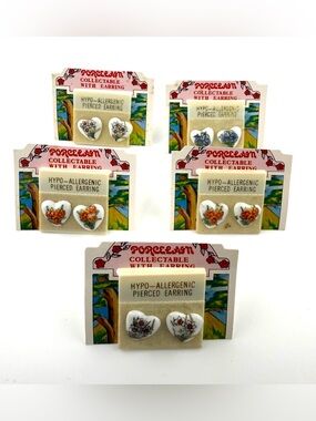 Vintage fine porcelain heart-shaped stud earrings - 5 pairs